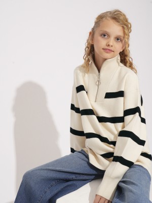 VERO MODA Striped High Neck Casual Girls Beige, Black Sweater