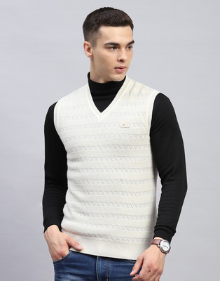 MONTE CARLO Self Design V Neck Casual Men White Sweater
