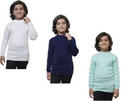 IndiWeaves Solid Round Neck Casual Boys White, Dark Blue, Blue Sweater