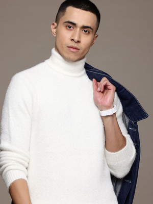 Roadster Solid Turtle Neck Casual Men White Sweater