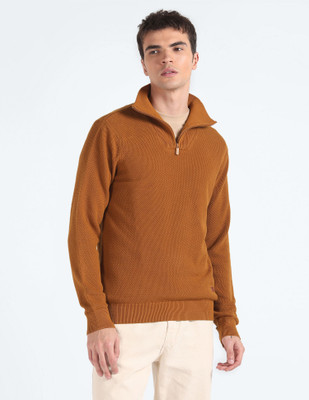 FLYING MACHINE Self Design Turtle Neck Casual Men Yellow Sweater
