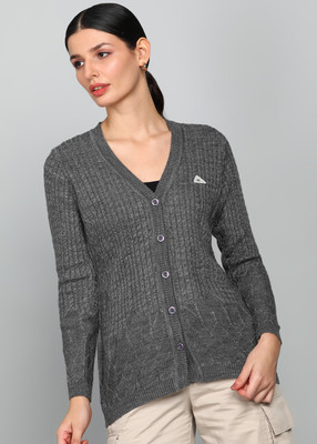 MONTE CARLO Self Design V Neck Casual Women Grey Sweater