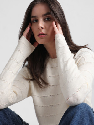ONLY Self Design Round Neck Casual Women Beige Sweater