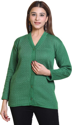 NinishApparel Self Design V Neck Casual Women Green Sweater