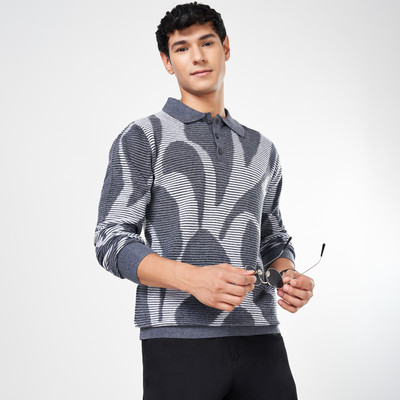 Byford by Pantaloons Solid Collared Neck Casual Men Grey, White Sweater