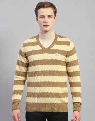 MONTE CARLO Striped V Neck Casual Men Brown Sweater