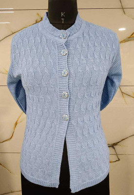 HouseOfCommon Self Design Mandarin Neck Casual Women Light Blue Sweater