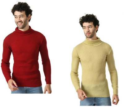 IndiWeaves Solid High Neck Casual Men Maroon, Beige Sweater