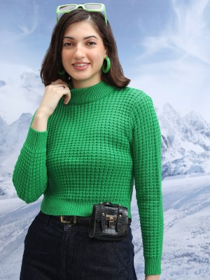 Tokyo Talkies Solid High Neck Casual Women Green Sweater