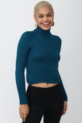 FOREVER 21 Solid Round Neck Casual Women Blue Sweater