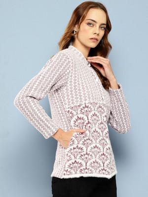 MUHURATAM Solid Collared Neck Party Women Purple Sweater