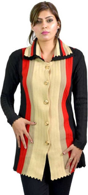 Ozarro Striped Collared Neck Casual Women Multicolor Sweater