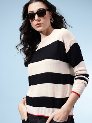 Glitchez Striped Round Neck Casual Women White, Blue Sweater