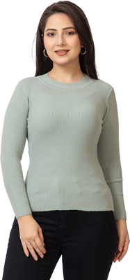 Lasoon Solid Round Neck Casual Women Green Sweater