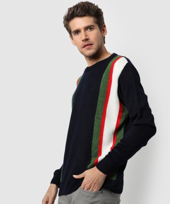 CAMPUS SUTRA Striped Round Neck Casual Men Blue Sweater