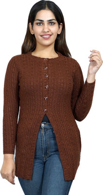 Ogarti Self Design Round Neck Party Women Brown Sweater