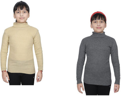 Indistar Self Design High Neck Casual Baby Girls Grey, Beige Sweater