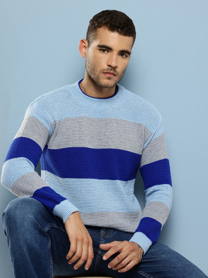 Aarika Striped Round Neck Casual Men Blue Sweater
