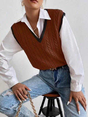 Eddicted Self Design V Neck Casual Women Brown Sweater