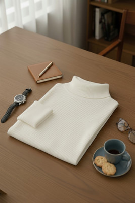 trendbite Solid High Neck Casual Men White Sweater