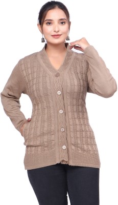 Pipasa Self Design V Neck Casual Women Brown Sweater