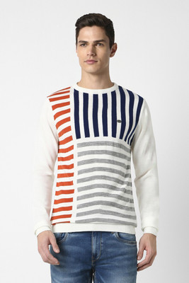 PETER ENGLAND Self Design, Colorblock, Printed Round Neck Casual Men Blue Sweater