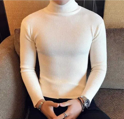 SABAFASHIONSTS Self Design High Neck Casual Men White Sweater