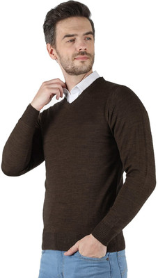 manra Solid V Neck Casual Men Brown Sweater