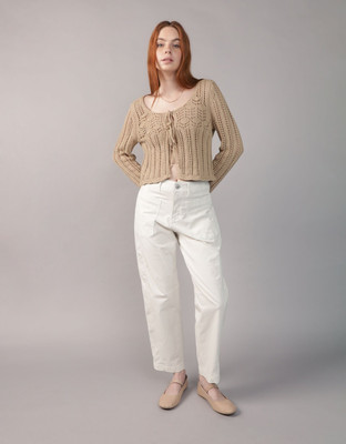 American Eagle Self Design Round Neck Casual Women Beige Sweater