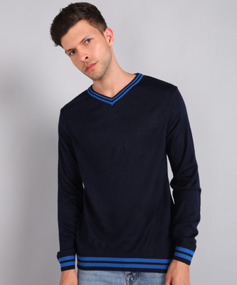 METRONAUT Solid V Neck Casual Men Blue Sweater
