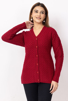 Dodge Self Design V Neck Casual Women Maroon Sweater