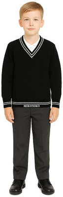 MIKONIKO Striped V Neck Formal Boys & Girls Black Sweater