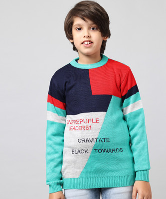 ANIXA Colorblock Round Neck Casual Boys & Girls Light Blue Sweater