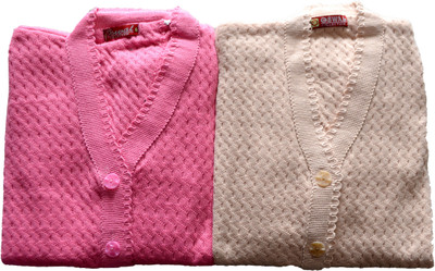 Shunit creation Self Design V Neck Lounge Wear Women Beige, Pink Sweater