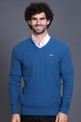 GODFREY Self Design V Neck Casual Men Blue Sweater
