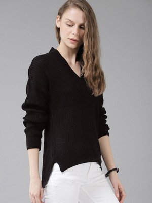 Roadster Solid V Neck Casual Women Black Sweater