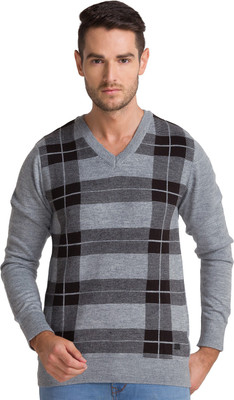PARX Checkered V Neck Casual Men Grey Sweater