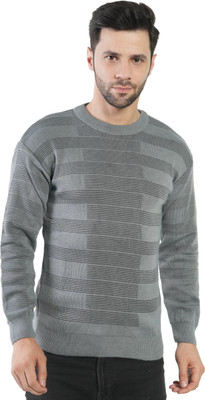 manra Self Design Round Neck Casual Men Grey Sweater