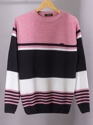 WAY TO TRENDY Striped Round Neck Casual Men Pink Sweater