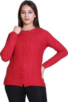 Ogarti Self Design Round Neck Casual Women Red Sweater