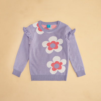 YU by Pantaloons Printed Round Neck Casual Girls Purple Sweater