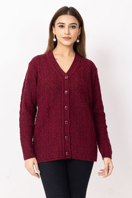 Dodge Self Design V Neck Casual Women Maroon Sweater