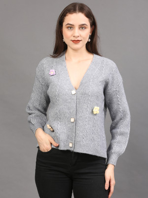 The Sleep Intimo Self Design V Neck Casual Women Grey Sweater