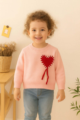 NEUDIS Embroidered Round Neck Casual Girls Pink Sweater