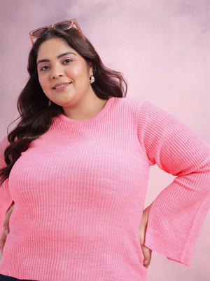 DressBerry Curve Self Design Round Neck Casual Women Pink Sweater