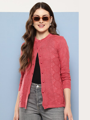 Aarika Self Design Round Neck Casual Women Red Sweater
