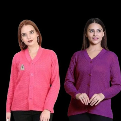 LUXURIOUS DESIGN Self Design V Neck Casual Women Pink, Purple Sweater