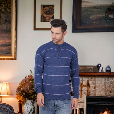 FUKUSO Striped Round Neck Casual Men Blue Sweater