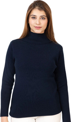 TWENTY ME Solid High Neck Casual Women Dark Blue Sweater