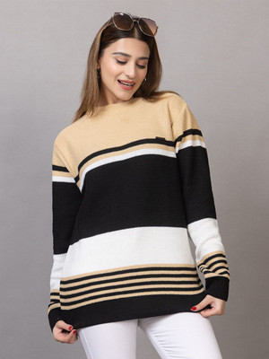 WAY TO TRENDY Striped Round Neck Casual Women Beige Sweater